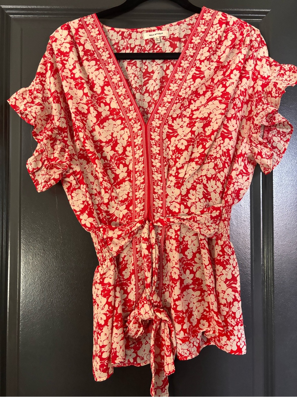 Max Studio Red & Cream Floral Tie-Front V-Neck Blouse